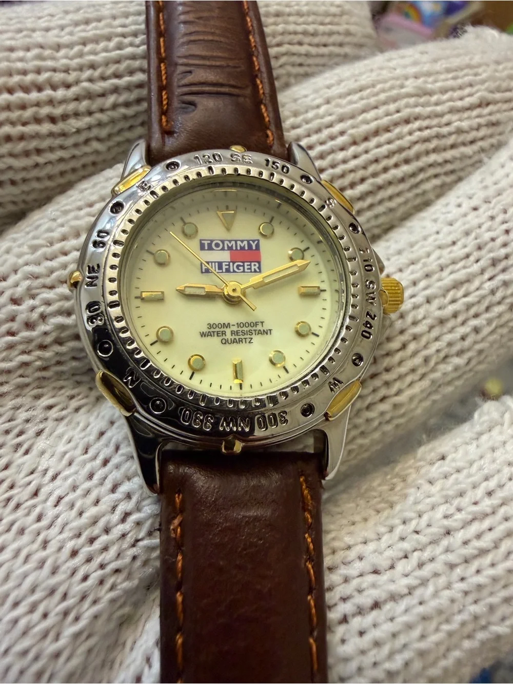Vintage Tommy Hilfiger 1238 Quartz Watch Two-Tone Compass Bezel USA Made 90s
